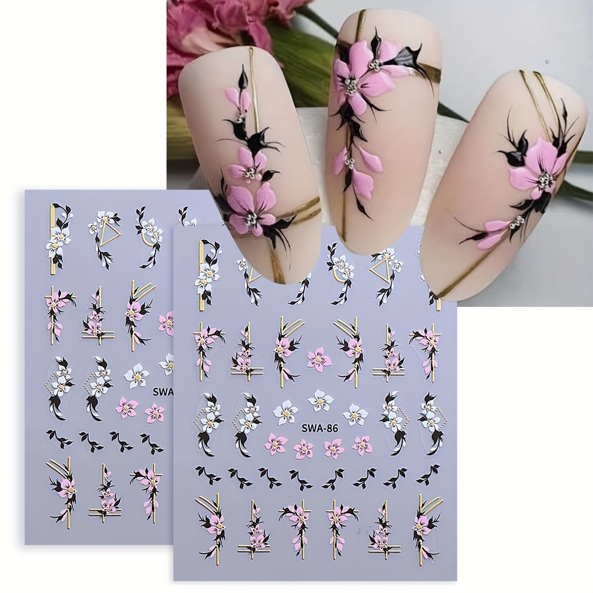 

2pcs 3d Flower Nail Art Stickers, Floral Petals & Plants Decals, Self-adhesive Plastic Embellishments, Single Use Spring Blossom Charms For Diy Manicure Decoration