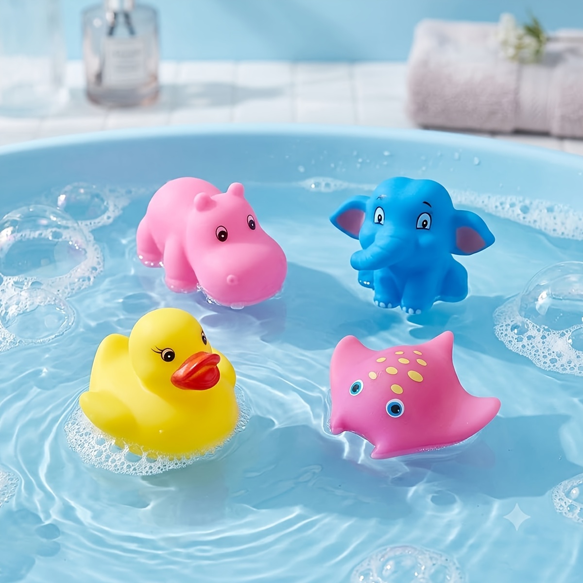 4pcs Cute Floating Toys, Rubber Duck Hippo And Elephant Toy Set For Kids Water Play