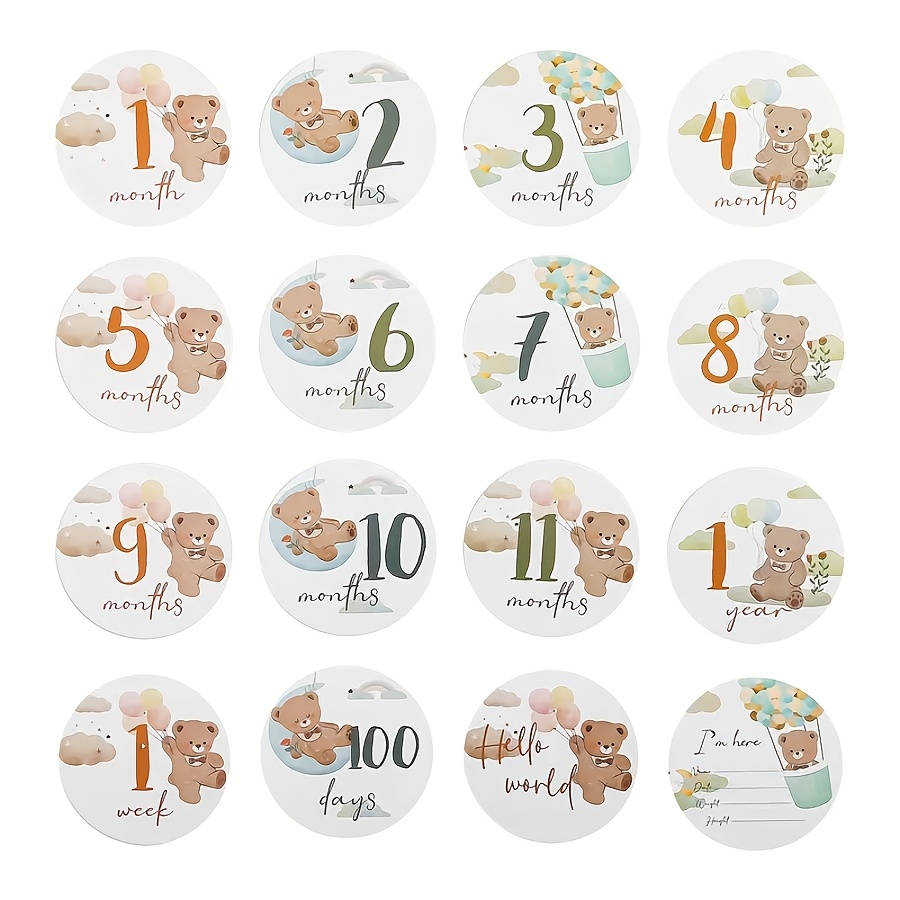 16pcs Adorable Bear Cartoon Birth Milestone Cards - Monthly Growth Record & Shower Keepsakes, Photography Props, Christmas & Halloween Gifts, Birthday Gift Cards | | Cards