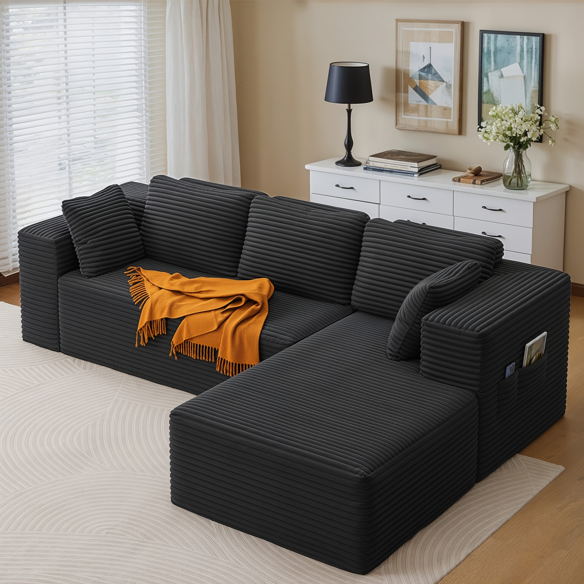 No Compression Packed L-shaped Sectional Sofa, 3-seater Corduroy Cloud Couch With Side Pockets, Oversized For Living Room