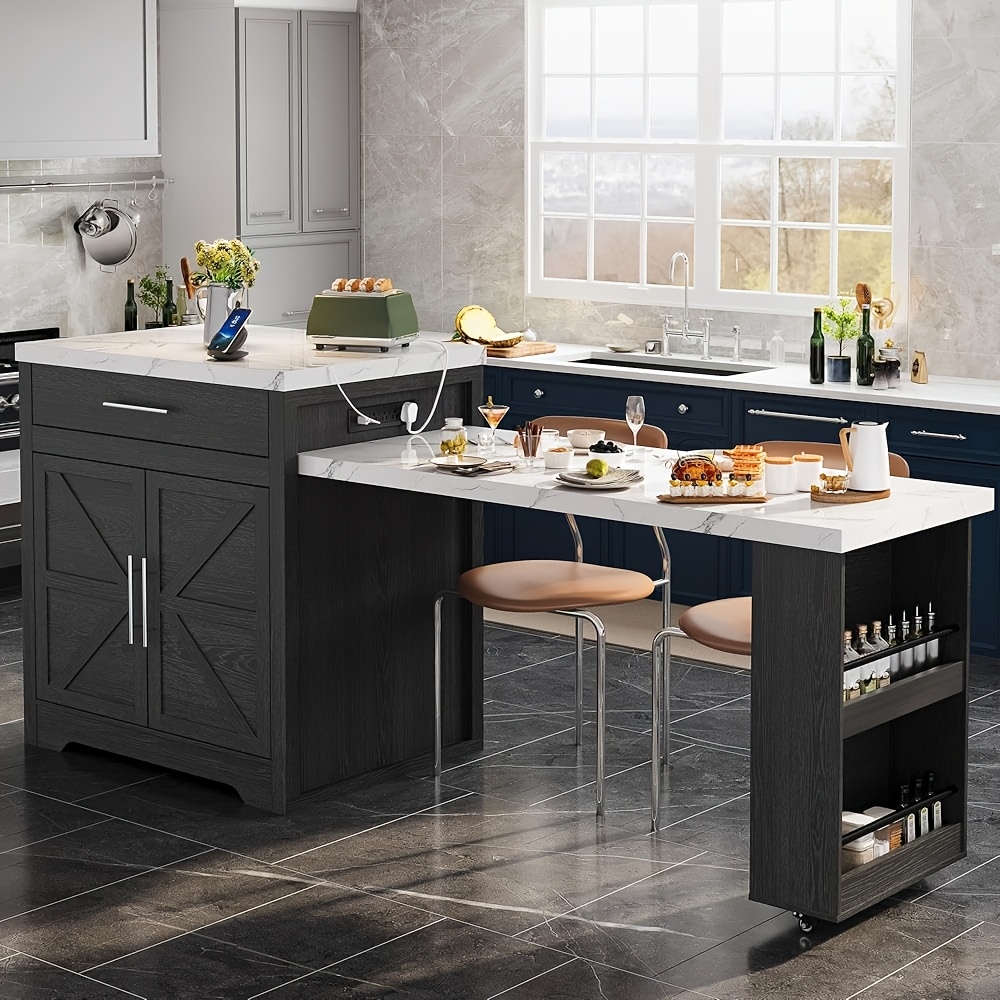 Farmhouse Kitchen Island with Extendable Dining Table & Charging Station