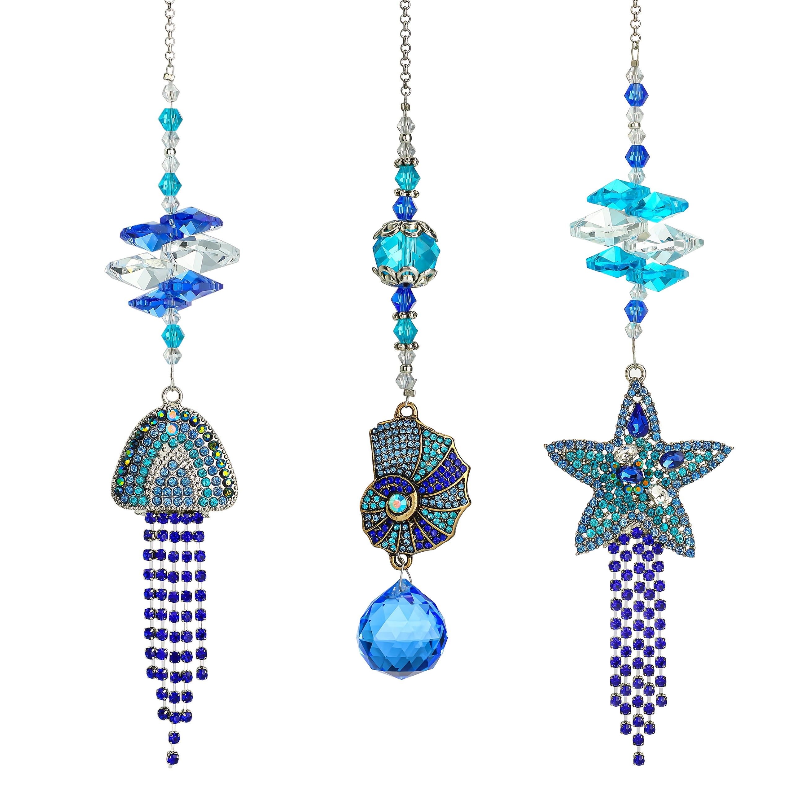 E-shop 3 Stück Strass Kristall Sonnenfänger Fensteranhänger, Sonnenfänger Strass Seestern Qualle Muschel mit Perlen Prisma Deko Hochzeit Garten Veranda