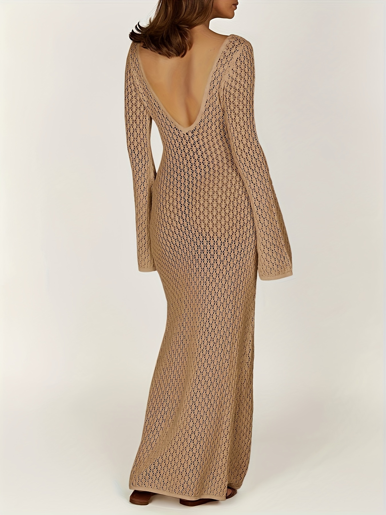 womens v neck crochet maxi dresses bell sleeve bodycon long - Temu