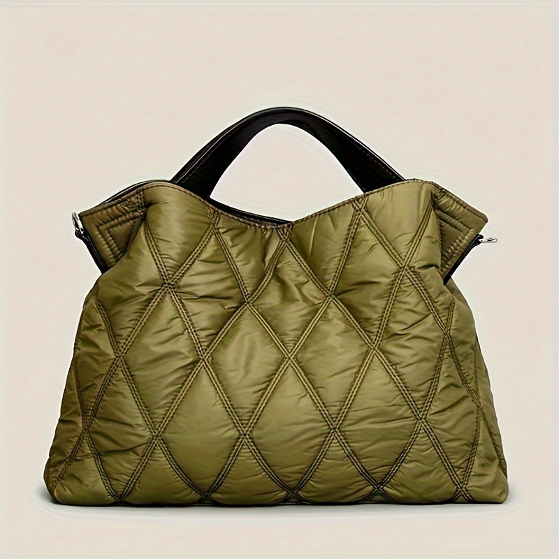 

Trendy Puffer Quilted Tote Bag, Rhombus Nylon Shoulder Bag, Soft Padded Handbag For Women