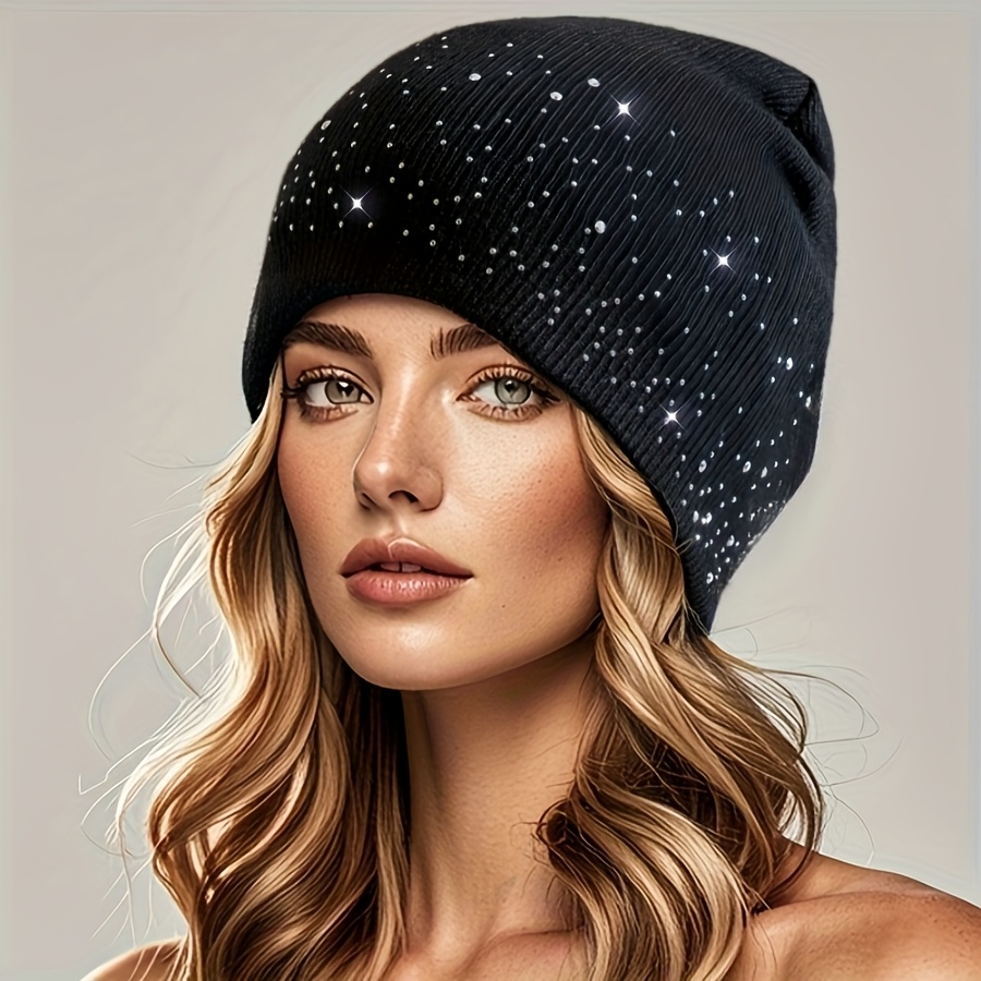 

Women's Rhinestone Embellished Acrylic Beanie, Polyester Knit Fabric, Stretchable, Breathable, , Gothic Alphabet Ny Pattern, Y2k-inspired, With Hand Wash Only, For