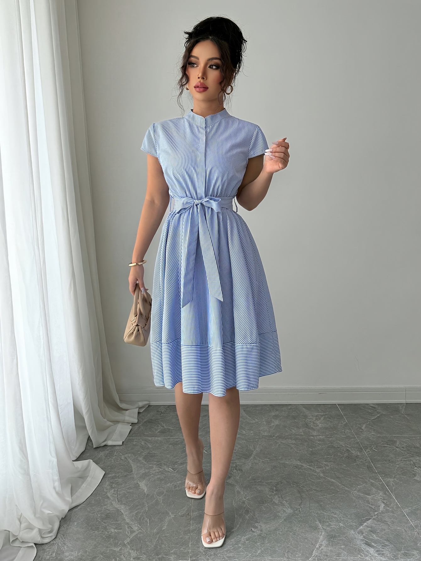 women's casual striped midi dress v neck short sleeves belt Temu