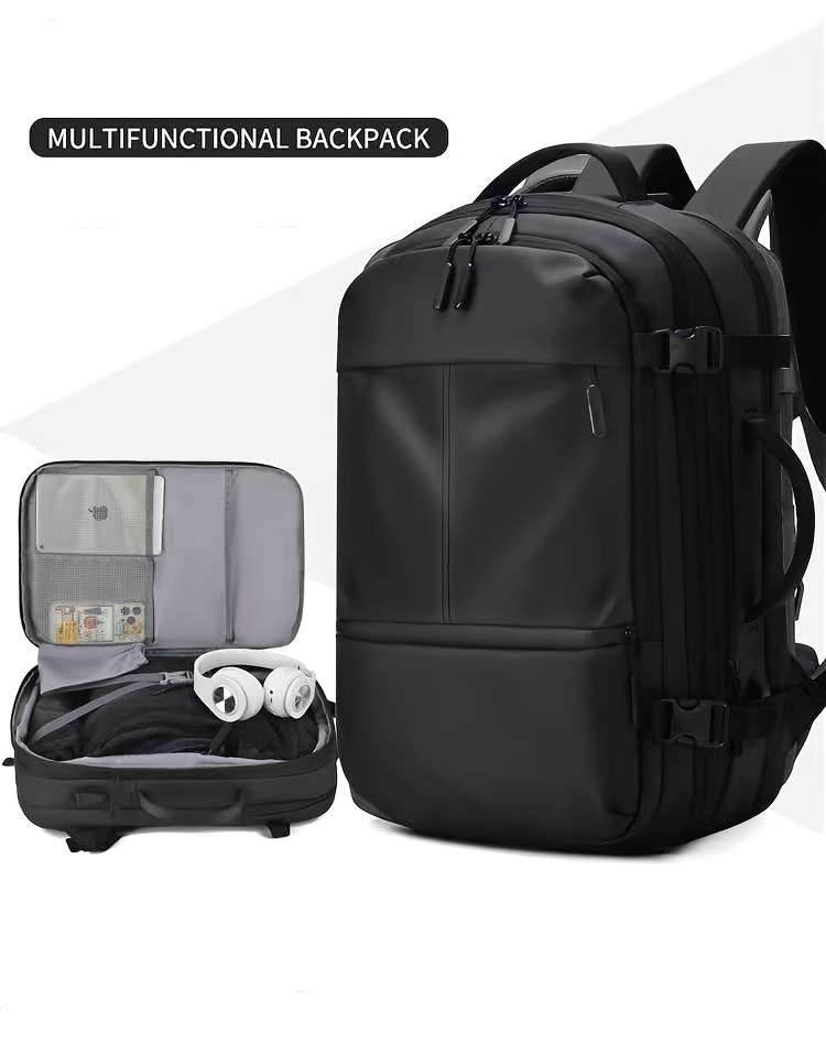 large capacity mens travel backpack business commuter laptop bag with   leather expandable design and tsa   protection black travel backpack details 0