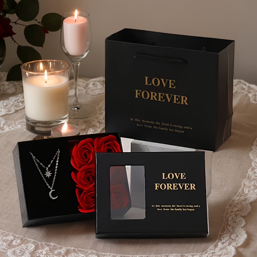 

Elegant Black & Gift Box Set With Lid, Necklace, Ring, Earring Storage, Valentine's Day Proposal Accessory Packaging, No Power Supply Needed