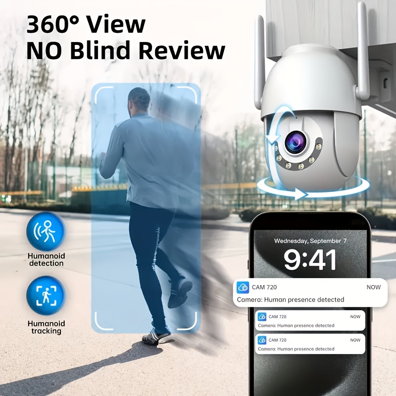 JOOAN 1296P HD Outdoor Security Camera, IPX6 Indoor/Outdoor Use, 2.4G WiFi, Motion Tracking & PTZ, Color Night Vision, Dual-Way Audio, Motion & Audio Alerts, USB-Powered, Compatible with CAM720 App, Outdoor Security Camera Wireless