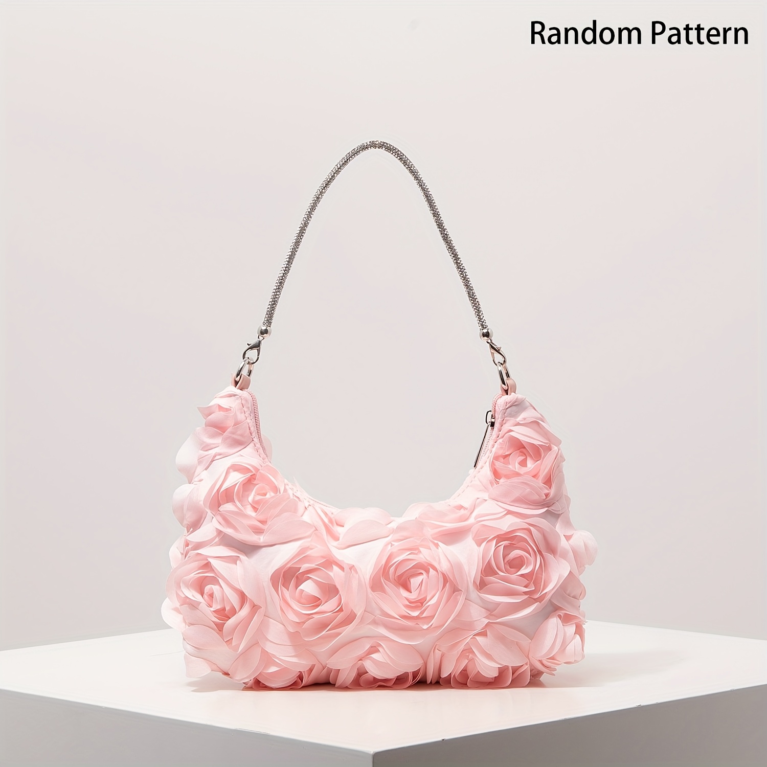 E-shop Edles 3D-Rosen-Glitzer für Damen – Abnehmbarer Riemen, Reißverschluss, Funkelndes Blumen-Design in Weiß/Rosa – Hochzeits-, Party- und