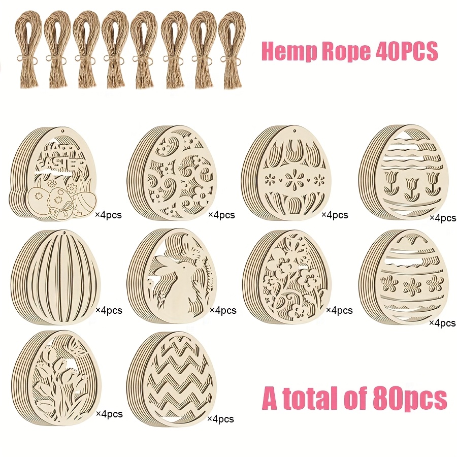 80pcs Easter Wooden Eggs | Blank Craft Eggs With Hemp Ropes For Art, Classic Easter Ornaments And Hanging Decorations