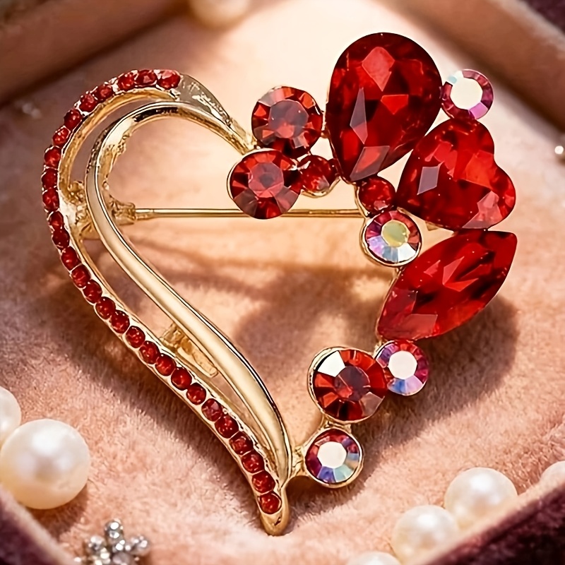 TEMU Vintage Heart-shaped Brooch | Elegant Alloy With Plated K And Glass Mosaic, Ideal For Daily Wear And Gift-giving, Valentine's Day
