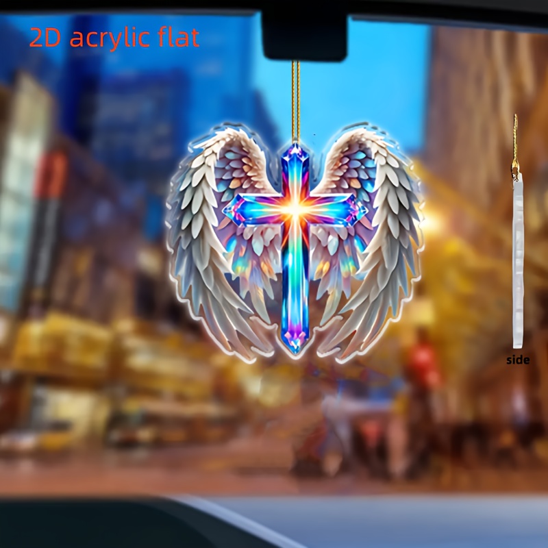 2D Flat, Angel Wings and Cross Car Hanging Ornament
