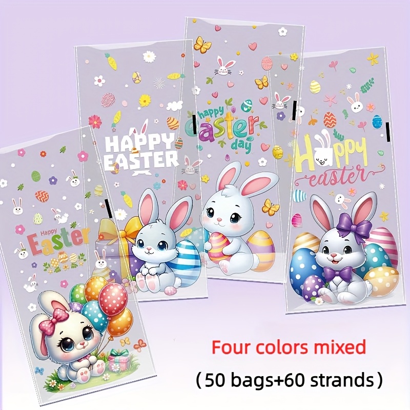 Gift For Her/him 50pcs Assorted () Easter Holiday Party Gift Bags, Twist-sealed Flat Bags, Bunny Egg Pattern Gift Bags, Holiday Gathering Bunny Element Gift Wrapping Bags