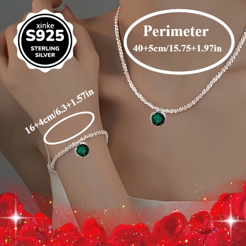 925 Sterling Silver Green Zirconia Pendant Necklace and Bracelet Set