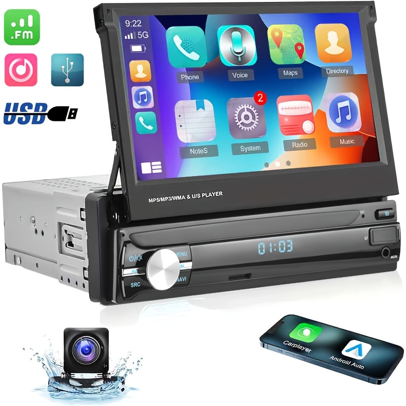 Image of Podofo Single Din Car Player Car Stereo, 7'' Flip-out Touch Screen Car Radio Mp5 Player Support Auto, , Usb, Tf, Fm Radio, Aux-in, Swc With Ahd Backup Camera