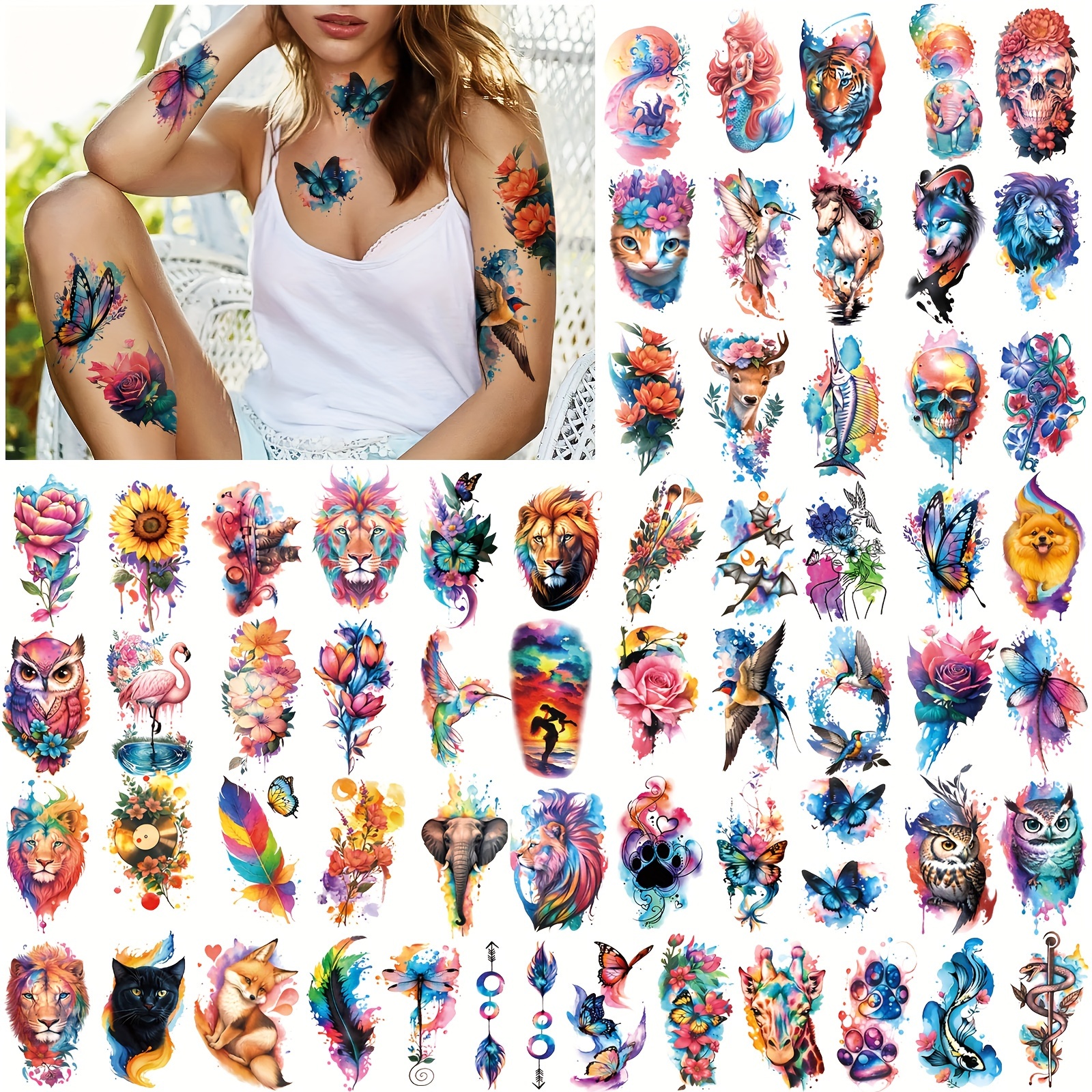 Image of 60 Temporary Tattoos Featuring Flowers, , Tigers, Cats, , And Parrots, Suitable For Adults' Shoulders And Necks, Small Waterproof Designs For Men And Women