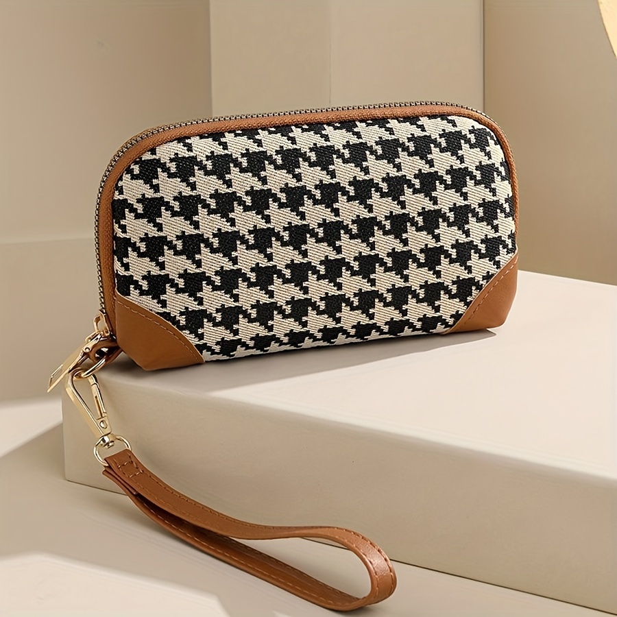 

Houndstooth Print Pu Material Long Wallet, Elegant Style Clutch Coin Purse, Large Capacity Phone Bag With Strap