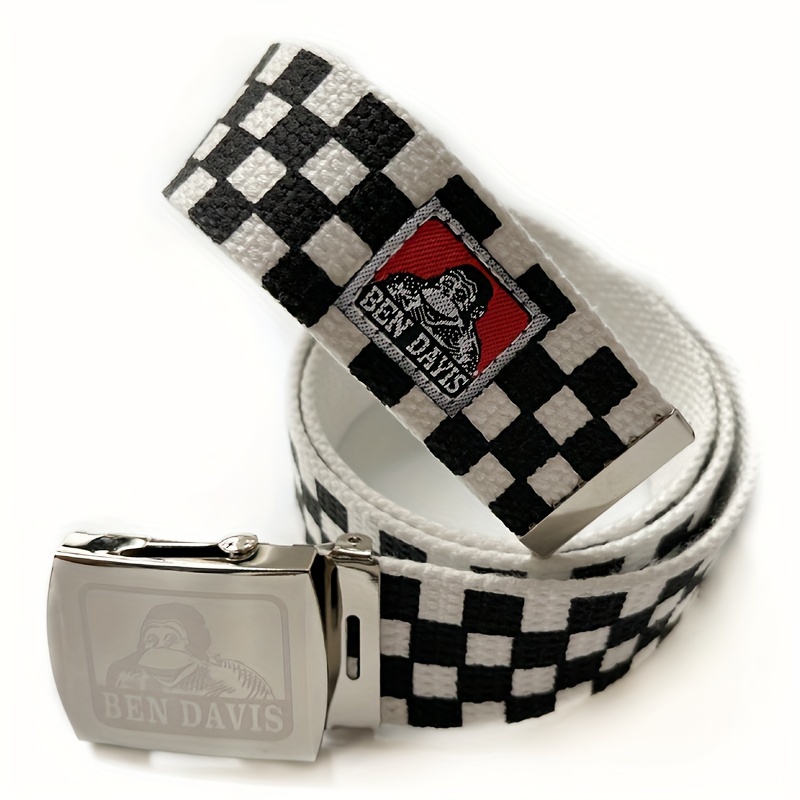 Ben Davis Casual Canvas Strap with Automatic Iron Buckle, Unisex Vintage Streetwear Style Accessory, Checkered Adjustable Waistband