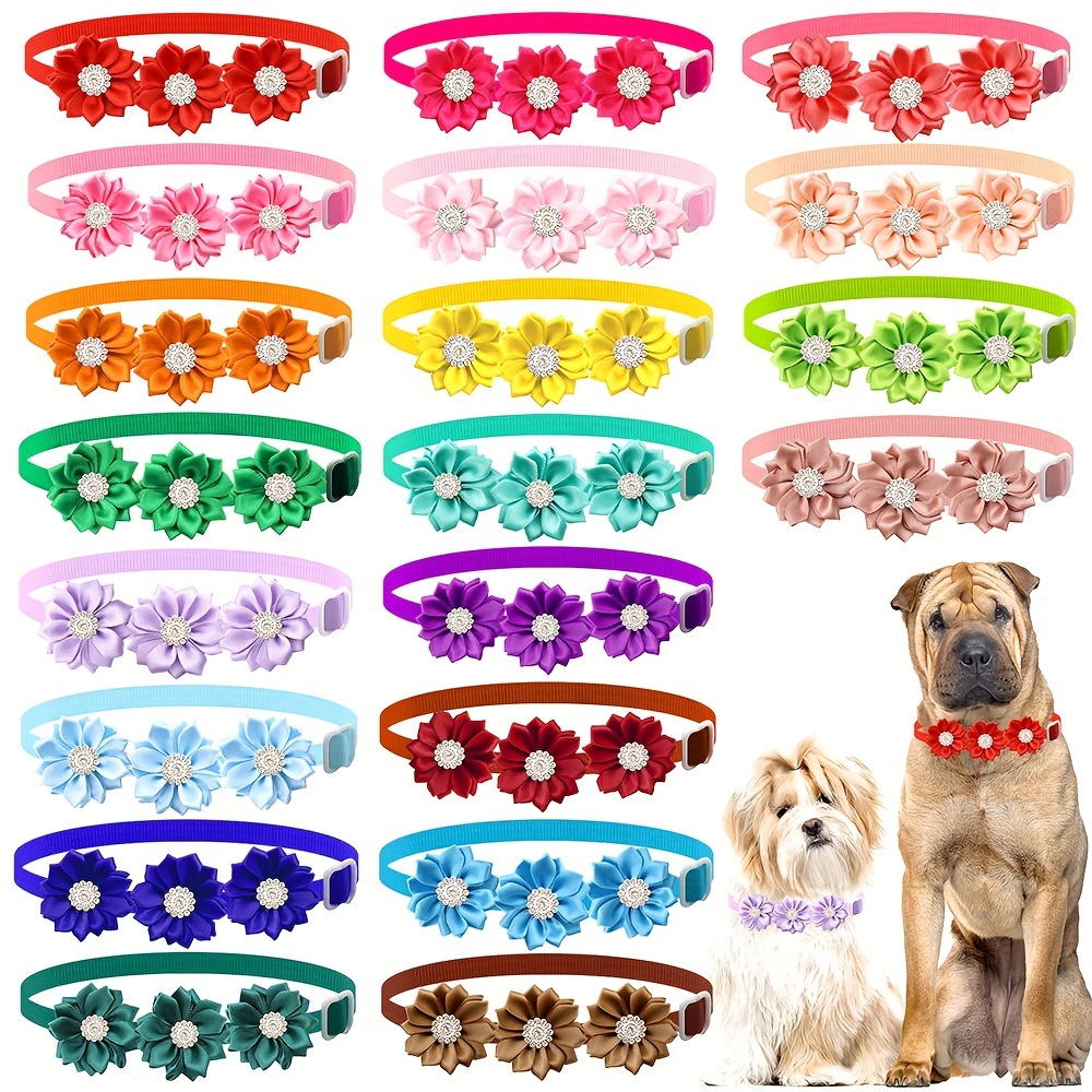 

10 Pack Assorted Floral Dog Collars With Diamond Center, Adjustable Polyester Fiber Pet Bowties, Durable Fashion Neck Accessories For Dogs And Cats With Easy Buckle
