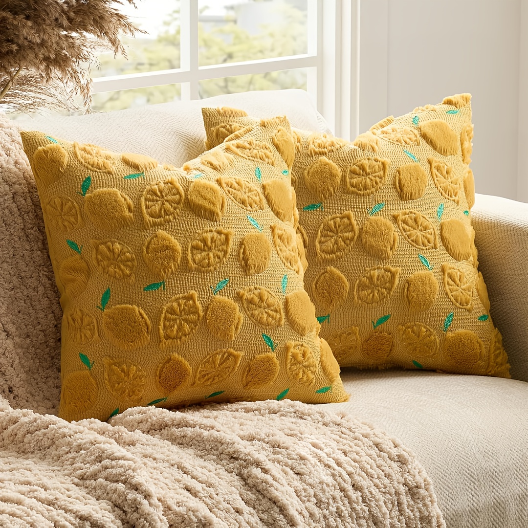 E-shop Set aus 2 künstlichen Plüsch-Zitronen-Kissenbezügen, 18x18 Zoll, weiche Plüsch-Zitronen-Jacquard-Stil Kissenbezüge, geeignet für Schlafzimmer,