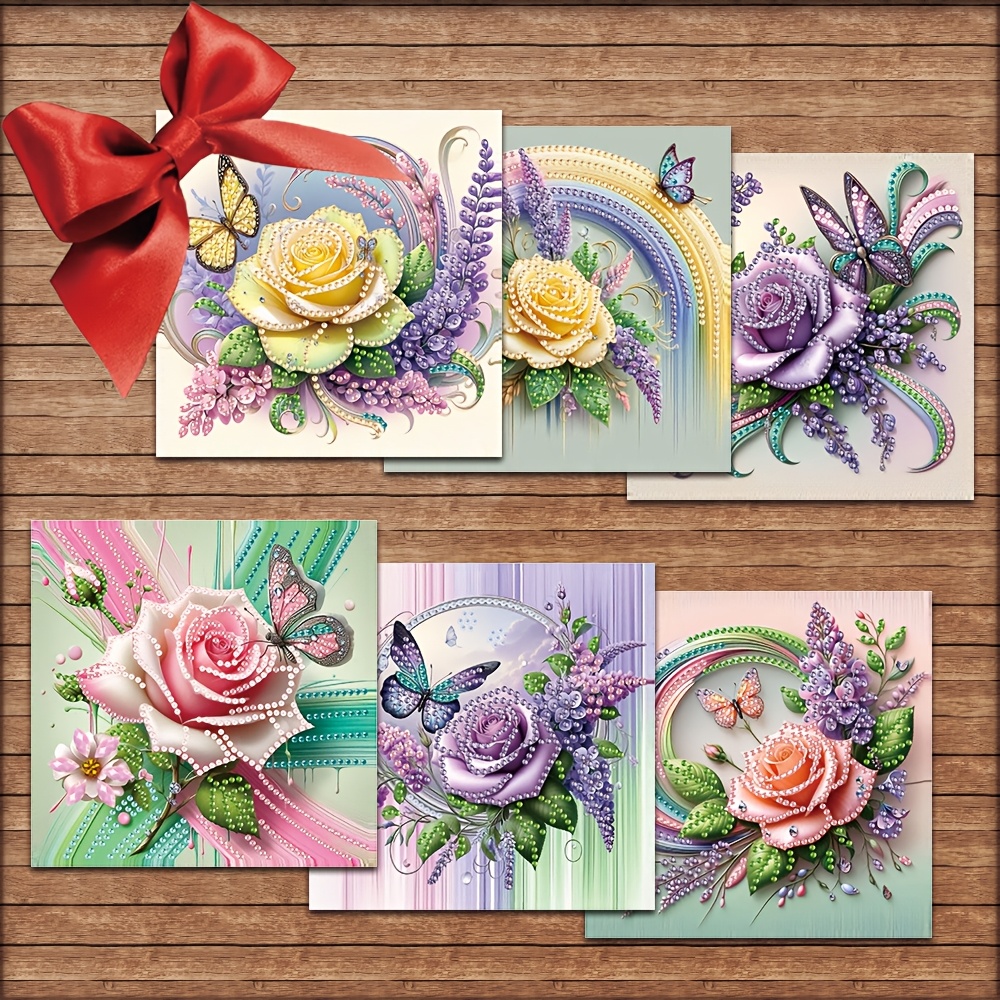 E-shop 6er-Set Diamant Malerei Grußkarten, Blumenmuster Festival Grußkarten mit Umschlag, Diamant Kunst Handwerk Geburtstagskarte Kreatives Geschenk,