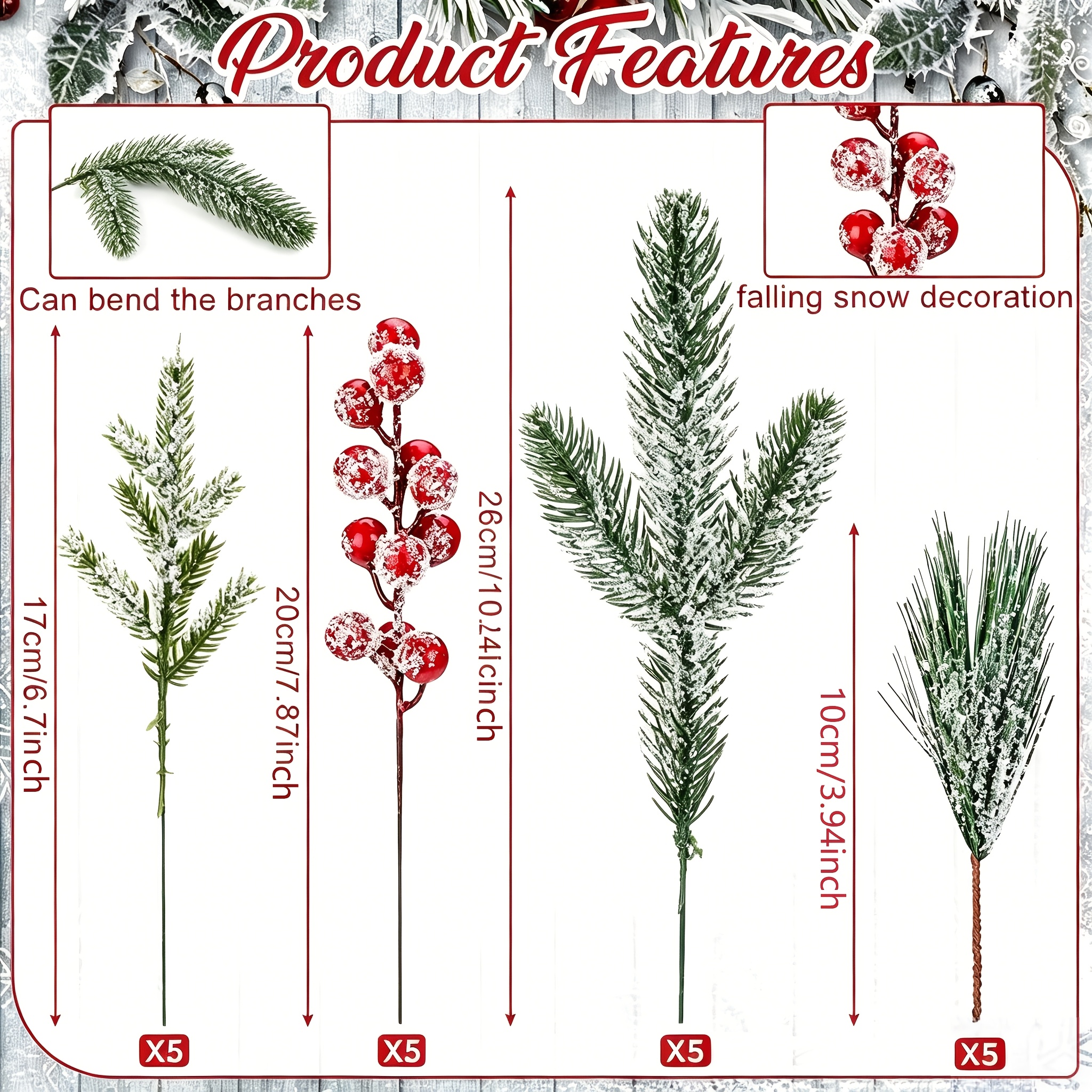 Image of 20pcs Christmas Snowy Pine Tree Picks Artificial Berry Stems Sprays Faux Cedar Pine Needles Branches For Holiday Arrangement Wreath Garland Holiday Decor Winter Greenery