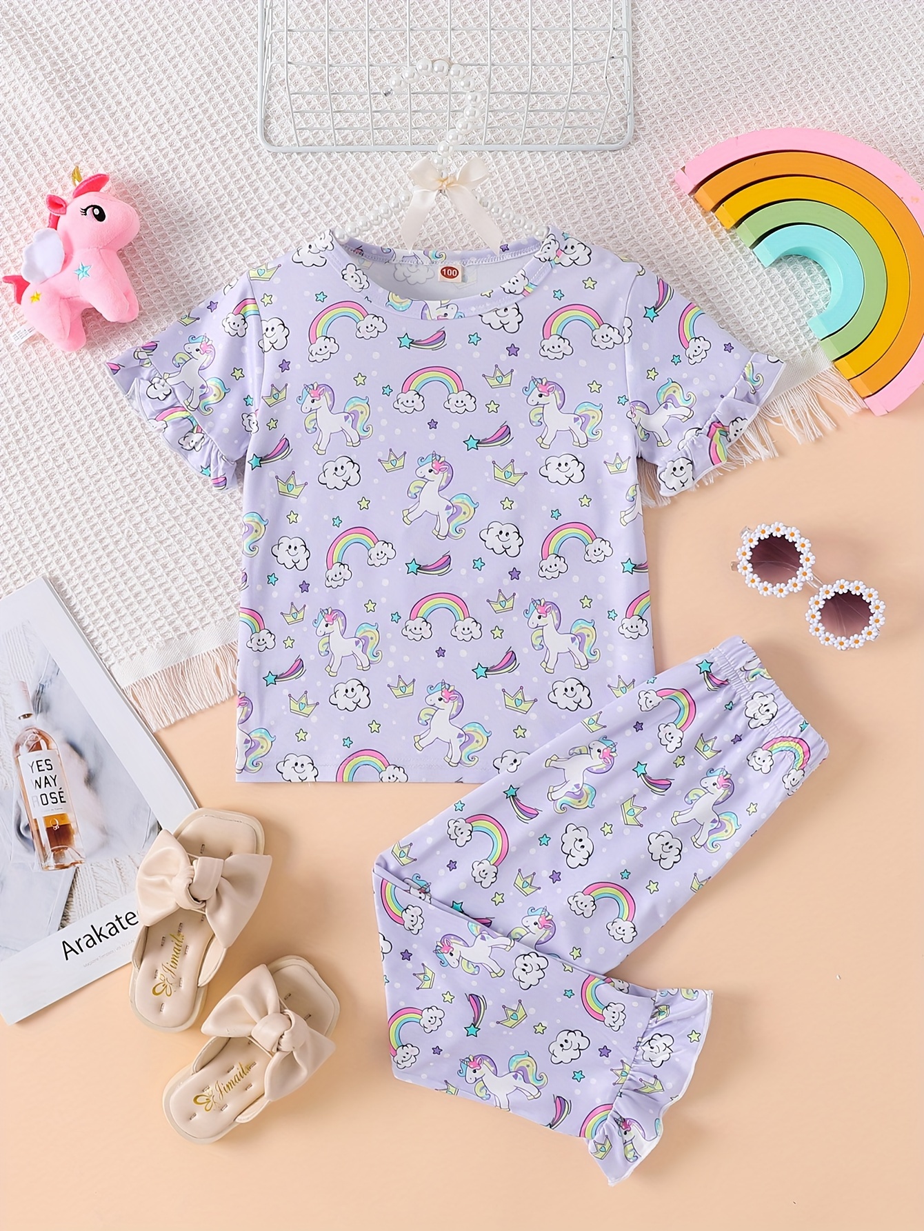 Kid's Rainbow Unicorn Pattern Pajamas Long Sleeve Top Pants - Temu Canada