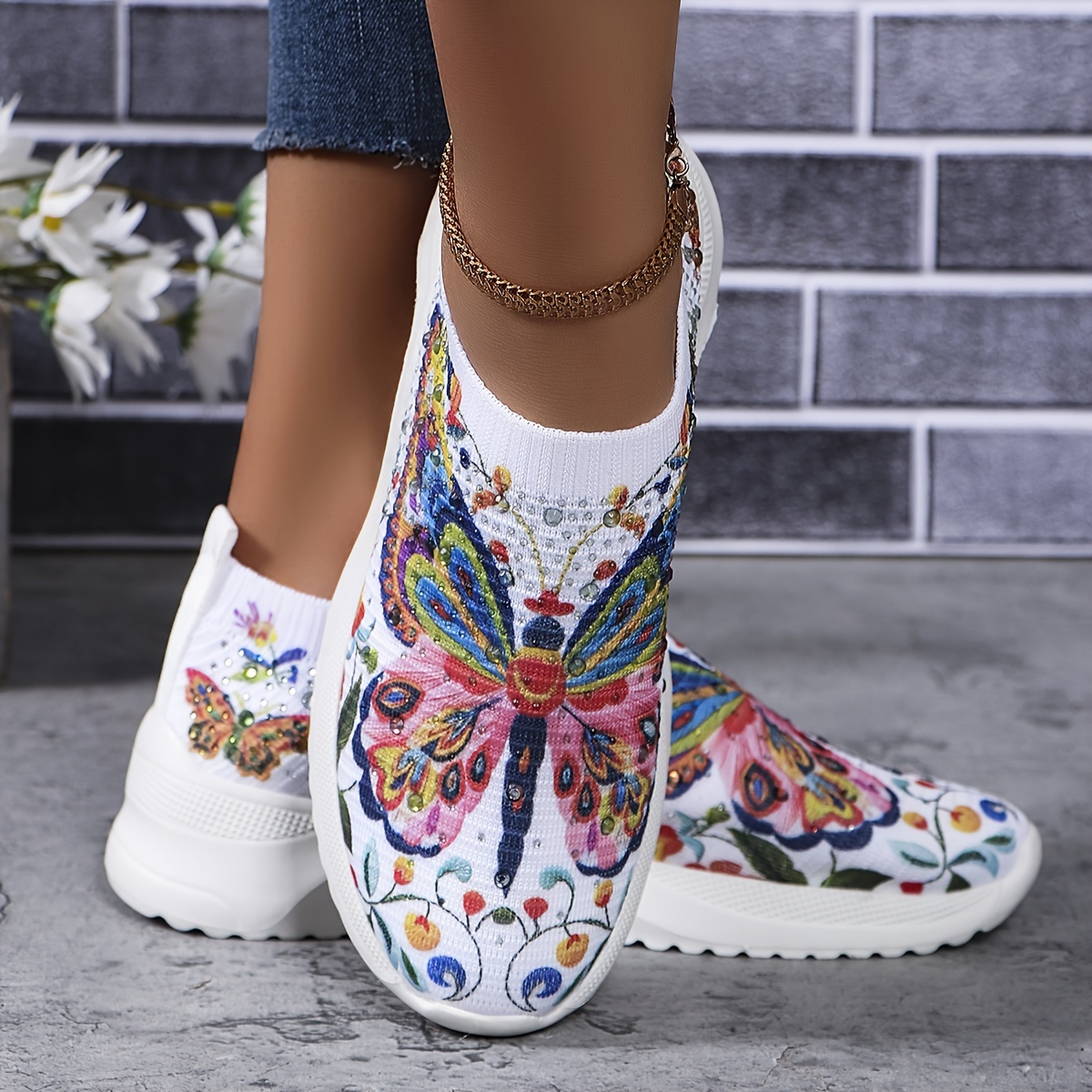 

Women's Butterfly Print Platform Sneakers, Breathable Knit Slip On Outdoor Shoes, Comfortable Low Top Sport Shoes