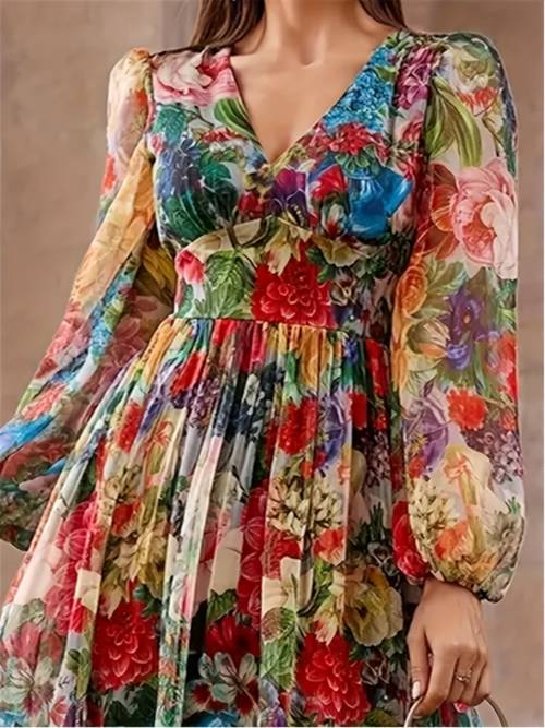 fashionable romantic and elegant womens printed v neck lantern sleeve high waist fit extra long spliced maxi skirt hem elegant dress