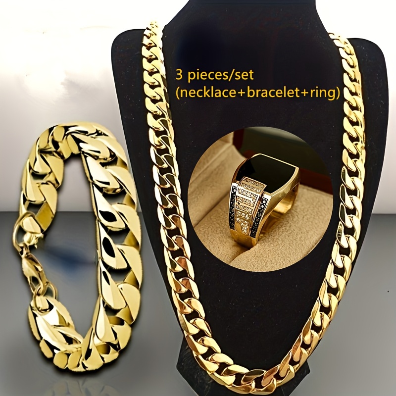 Conjunto de Joyería de Lujo para Hombres de 3 Piezas - Collar de Cadena Cubana de 6mm, Pulsera y Anillo de Circonita Sintética con Aceite Negro - Accesorios de Moda Inspirados en Hip Hop para Fiestas y Compromisos, Set de Anillos de Compromiso|Joyería Hip Hop|Acabado Dorado, Joyería y Accesorios