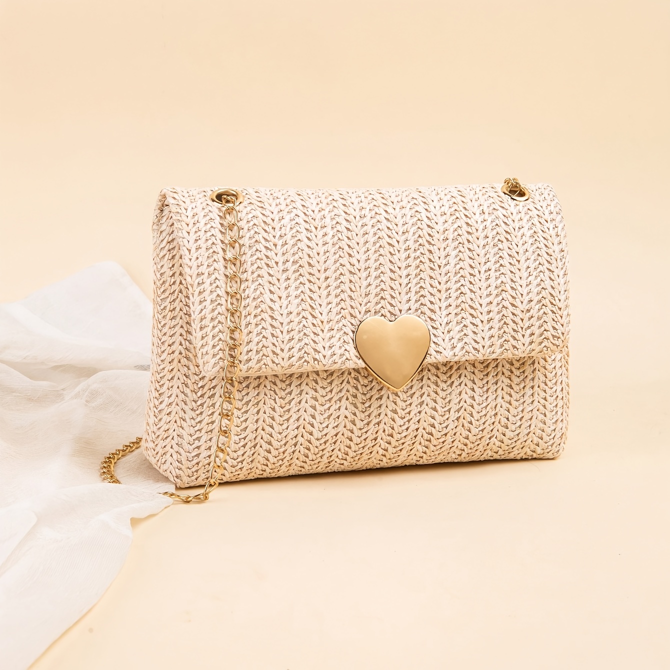 Women's Woven Straw Crossbody Bag With Lock, Chain Shoulder Strap, Summer Beach Shoulder Bag Woven Shoulder Bag, Suitable For Vacation And Daily Use