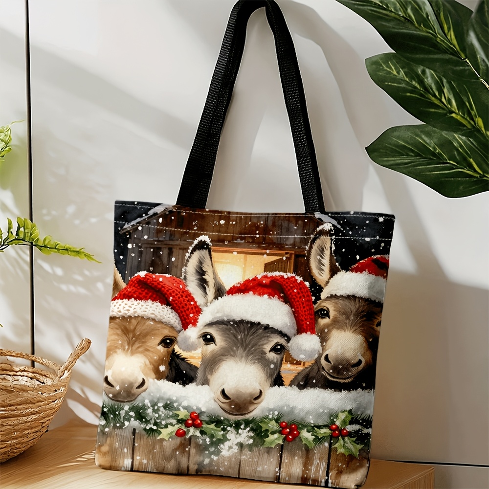 TEMU Women's Crossbody Tote Bag With 3 Wearing Santa Hats In Snowy Scene, Festive Holiday Decoration