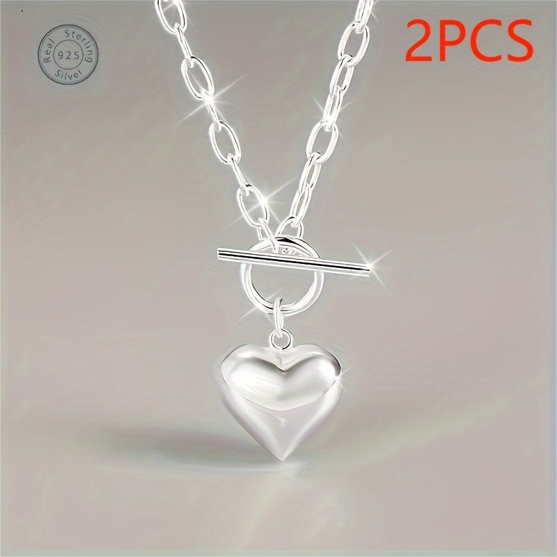 

2pcs 925 Sterling Silver Heart-shaped Pendant Necklace, Simple Chain Elegant Women's Jewelry