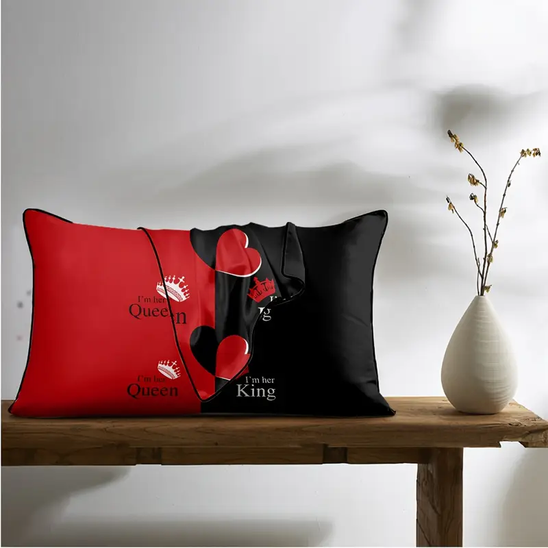 2pcs black red satin pillowcases with heart print im her queen 100 polyester envelope closure bedroom decor machine washable luxury pillow covers accent design smooth texture home decor elegant pillowcases durable material decorative pillowcases Product details 2