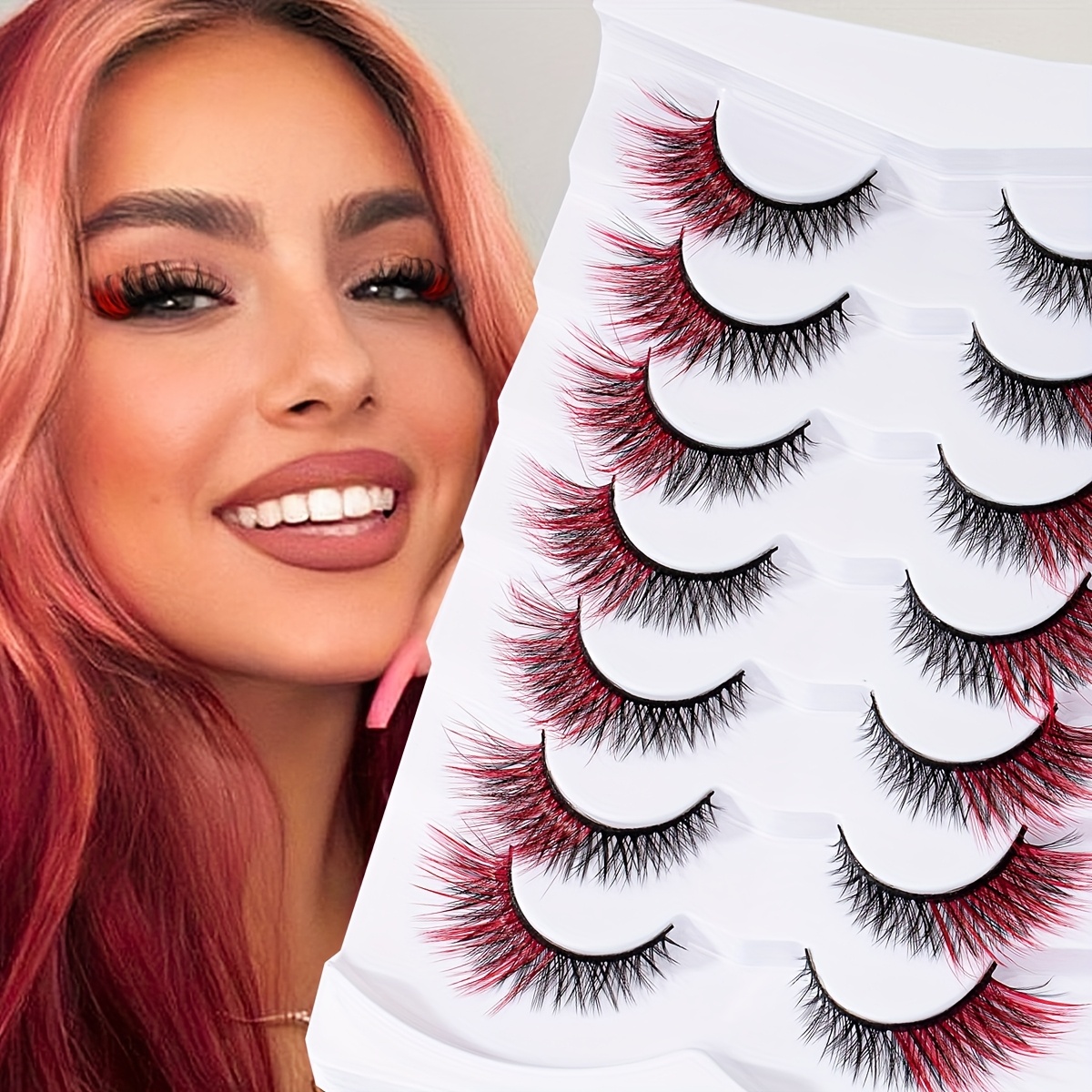 Image of 7 Pairs Colorful False Eyelashes - Red, Mixed Colors, & Natural-looking, 4-12mm Length, Hypoallergenic, Perfect For Parties, Holidays & , Holiday Makeup | Hypoallergenic Makeup -rainbow