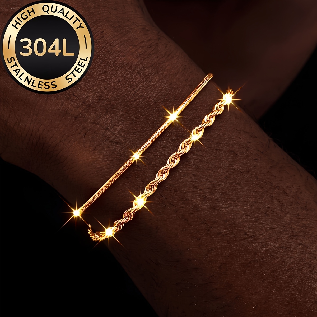 TEMU 2pcs Set Of 18k Gold Plated High-quality 304l 304l Stainless Steel Bracelet, Waterproof And , Suitable For Men's Jewelry Sets, Fashionable