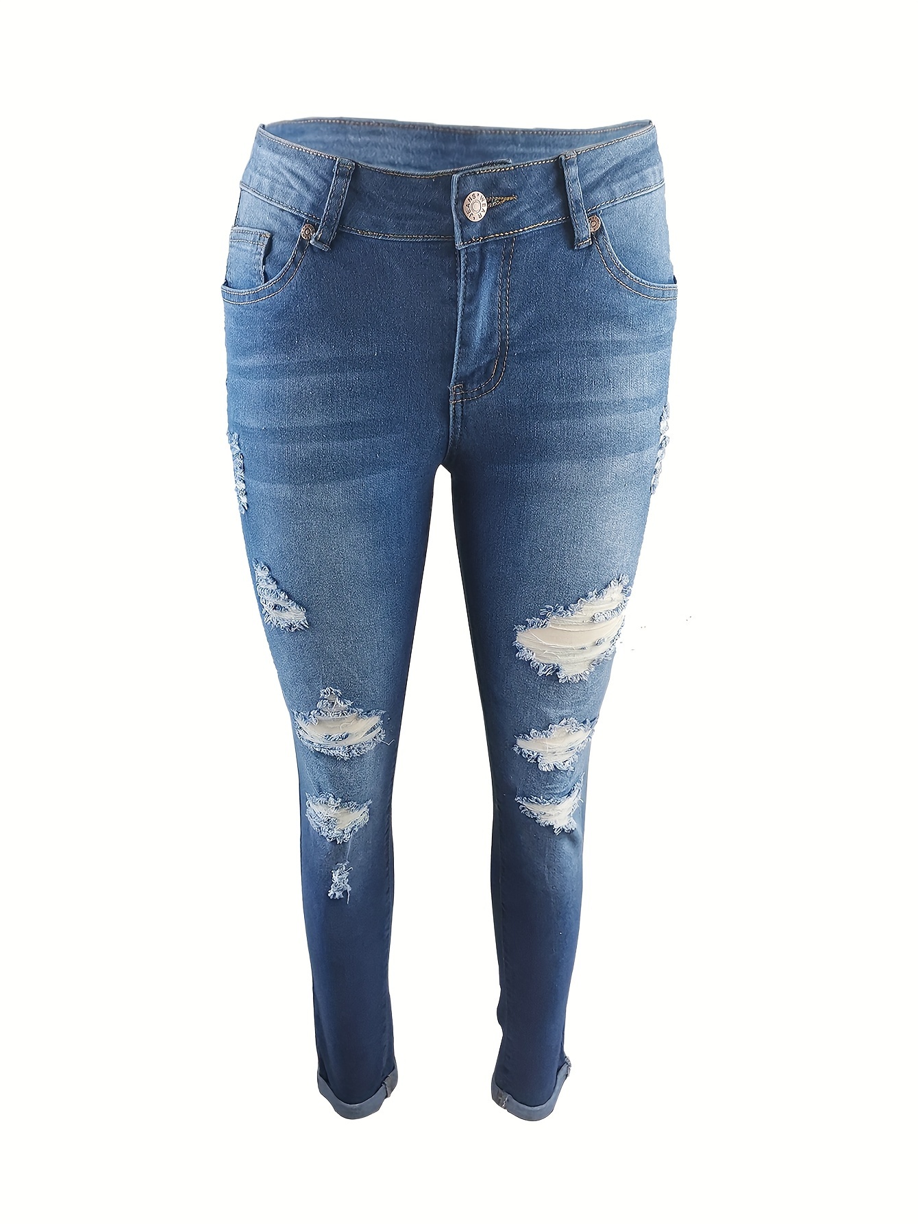 Blue Ripped Holes Skinny Jeans Slim Fit Slash Pockets Slight