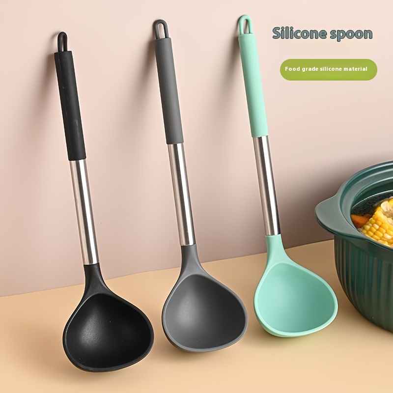 

1pc Stainless Steel Handle Silicone Pan Special Resistant Food Grade Large Size Long Handle Spoon