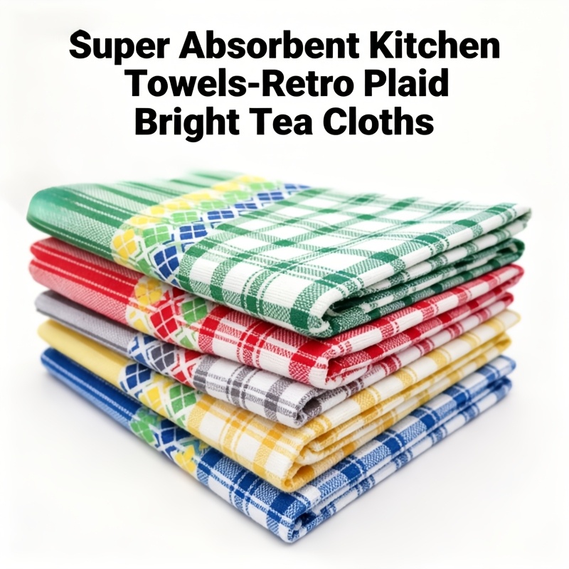 Image of 5pcs Set Of Large Kitchen Cloths - Super Absorbent, Vintage Plaid Pattern, Colored Tea Towels, Suitable For Cleaning Kitchen And Dining Room Items, Soft And Durable, Cleaning Cloths. Random Color