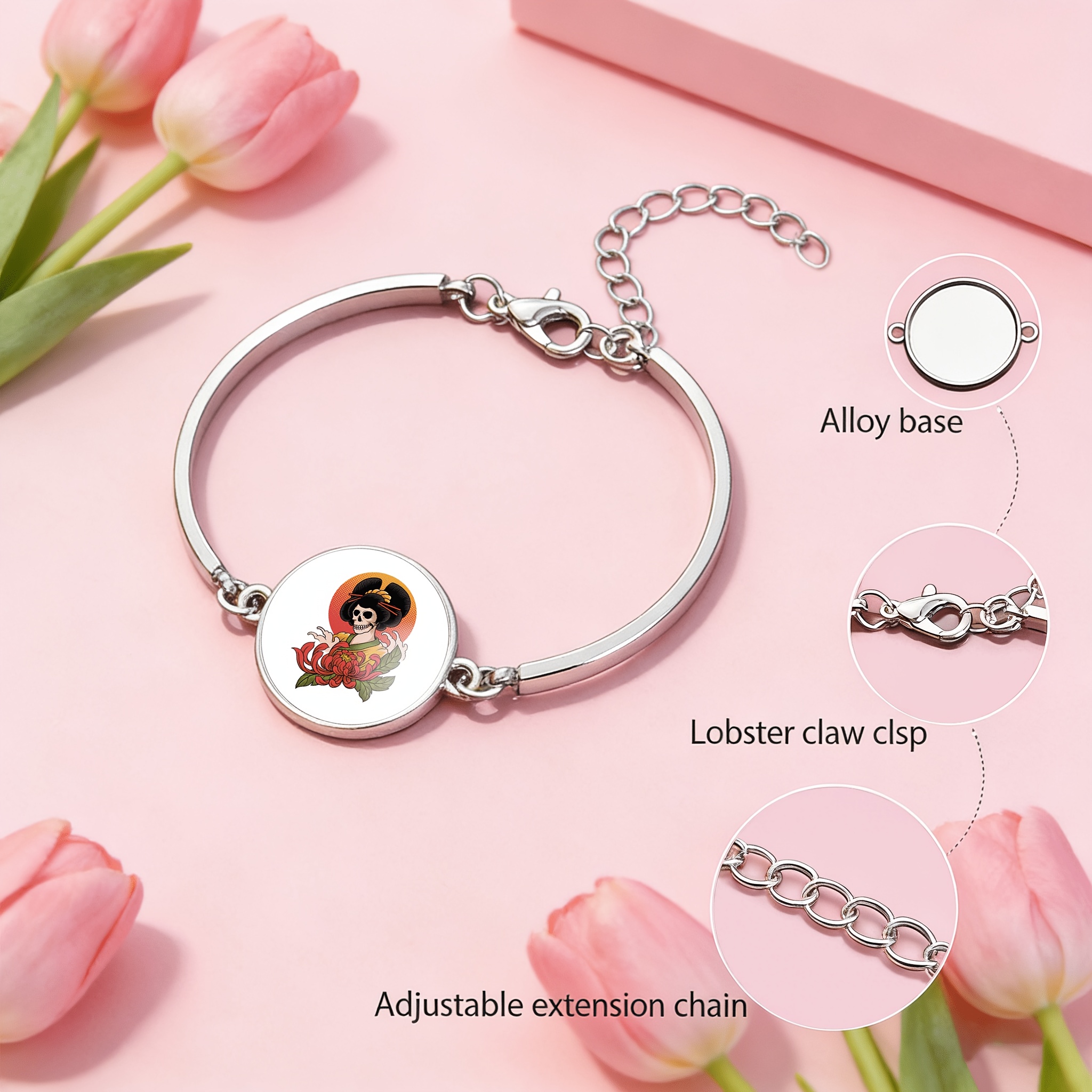 Adjustable Bracelet with Round Time Gem Inlaid Classic Skull Design