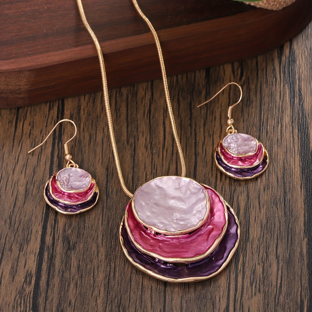 TEMU Conjunto de joyería bohemio de circular de aleación de esmaltado, collar y aretes, lindo y elegante, para novia, de vacaciones, regalo para