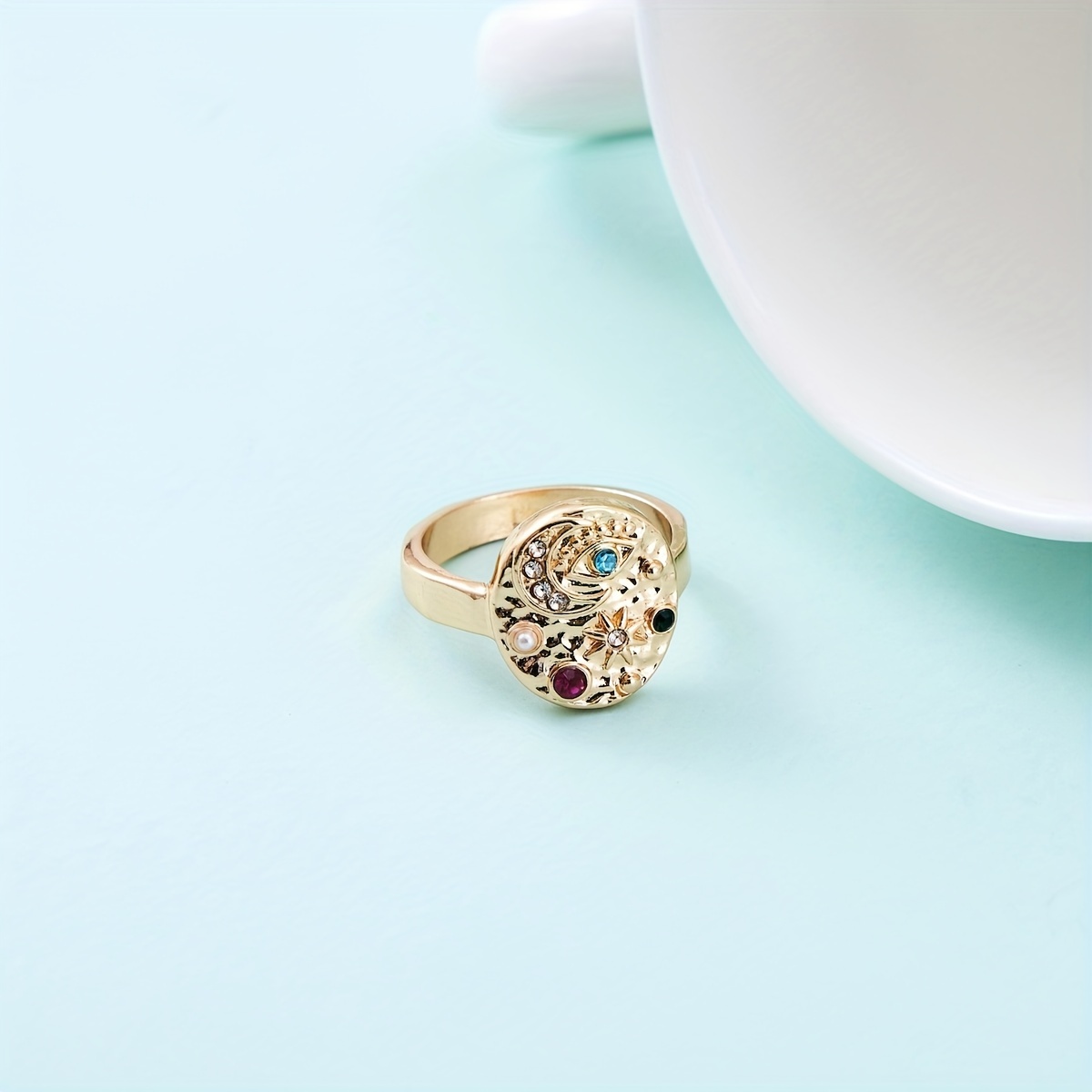 TEMU Vintage Golden-tone Star, Moon & Ring With Colorful Cubic Zirconia Accents - Boho Chic Alloy Jewelry For Daily Wear Or Gifting