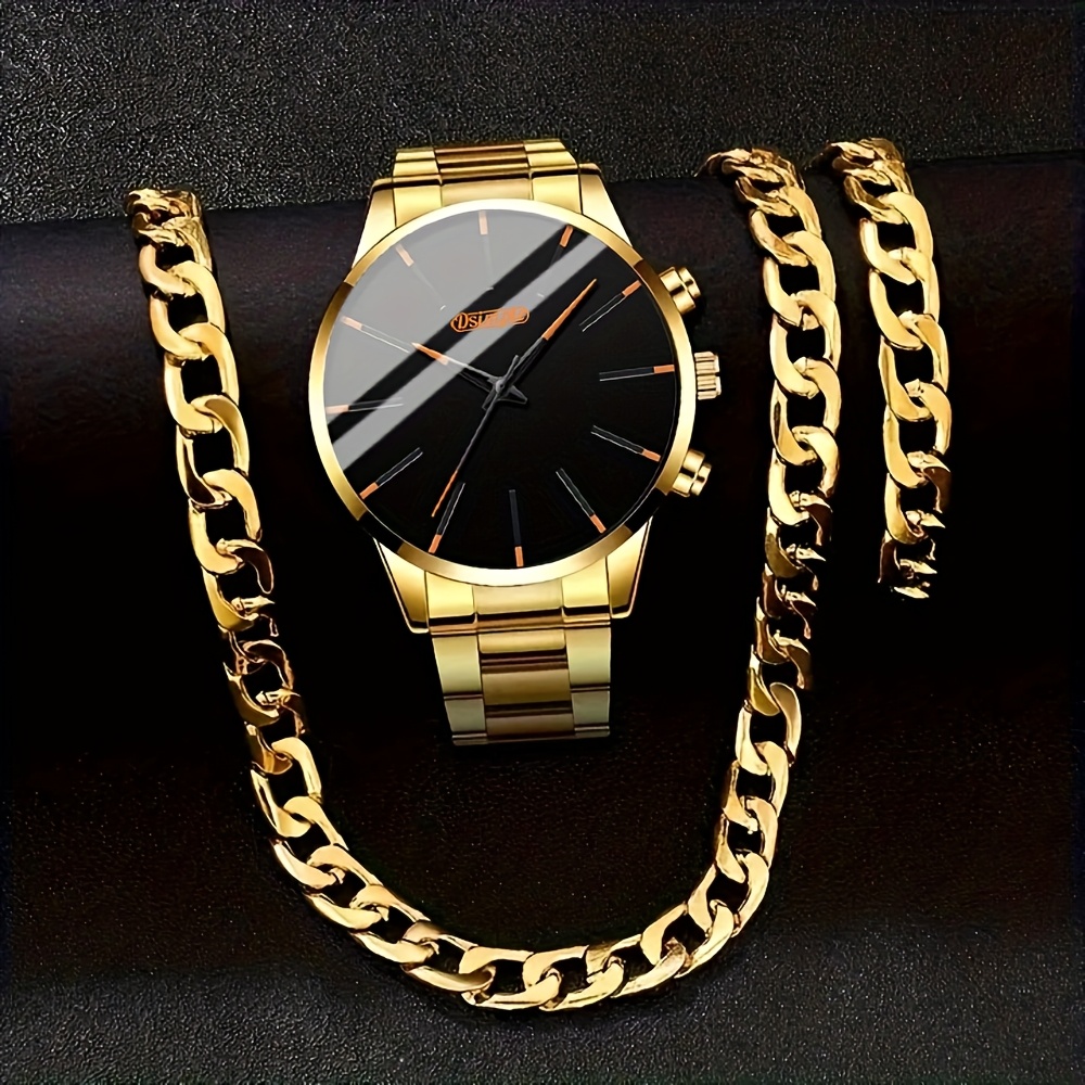 TEMU Men's 3pcs Watch Set, Featuring A Casual Fashion Quartz Wristwatch Along With A Necklace And Bracelet, Designed For Sports Enthusiasts