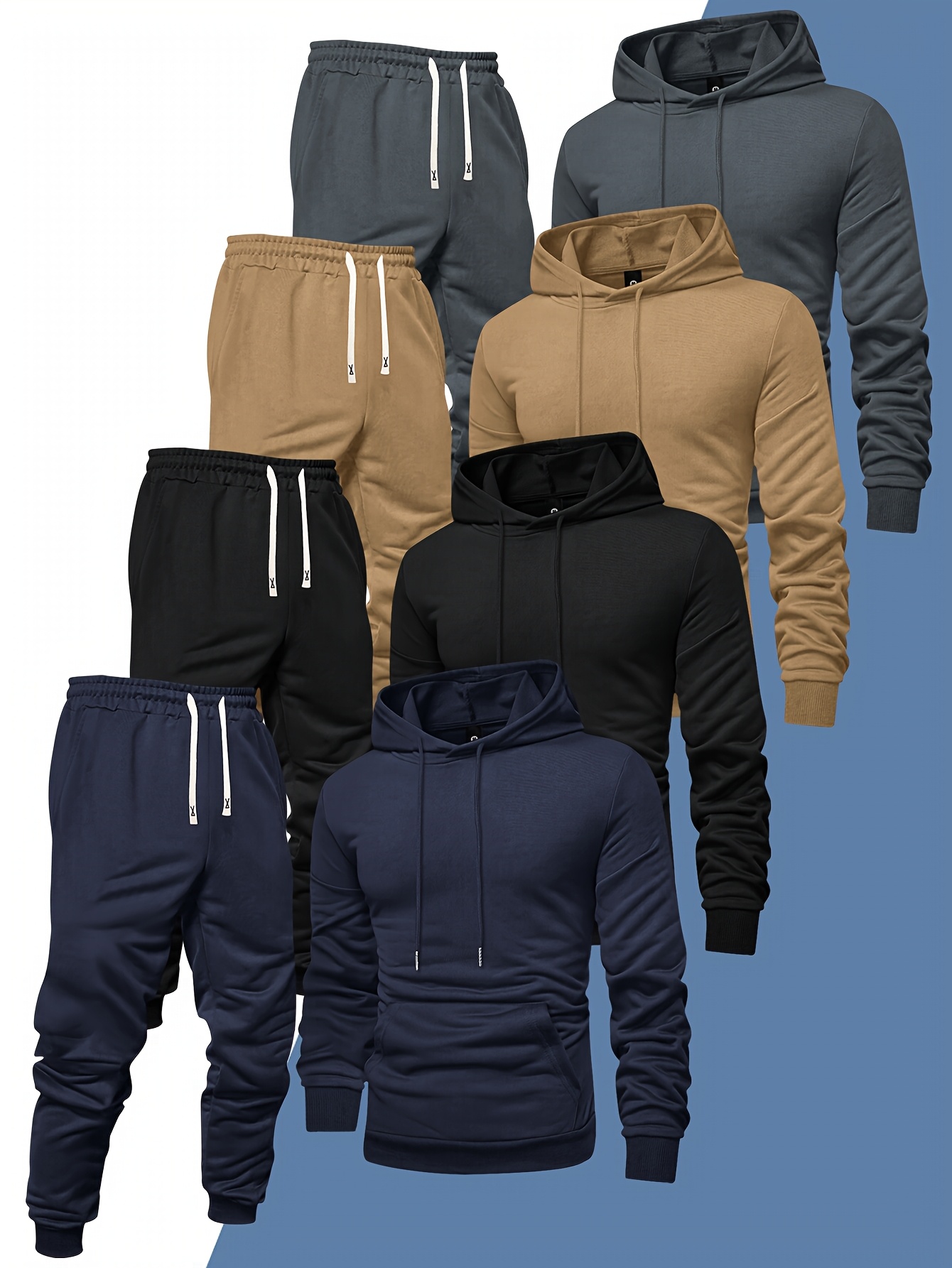 Ensemble de sport décontracté pour homme, 8 pièces : sweat-shirt à capuche + pantalon de survêtement, automne et printemps, couleur unie, pull uni, manches longues, capuche, cordon de serrage, taille élastique, pantalon côtelé à chevilles.