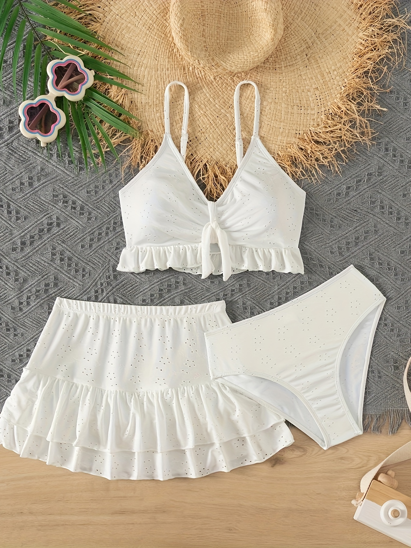 conjunto traje baño bikini moda niñas falda fruncida tabla Temu - Main Image