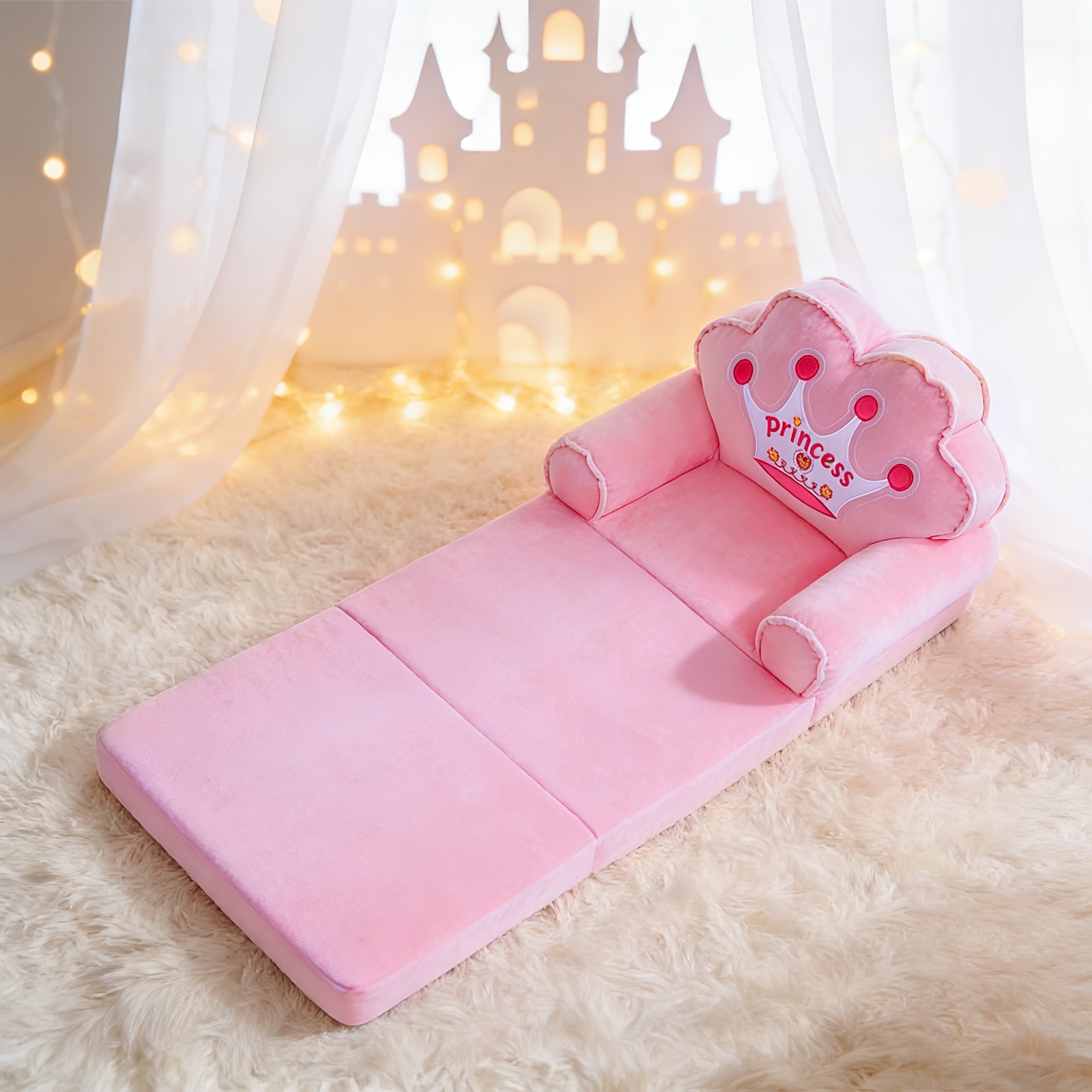 Kids Sofa Princess Crown Pink - 2-in-1 Flip Open Kids Couch & Lounger | Machine Washable Plush Cover & Certified Safe Foam | Dreamy Reading Nook Chair For Girls