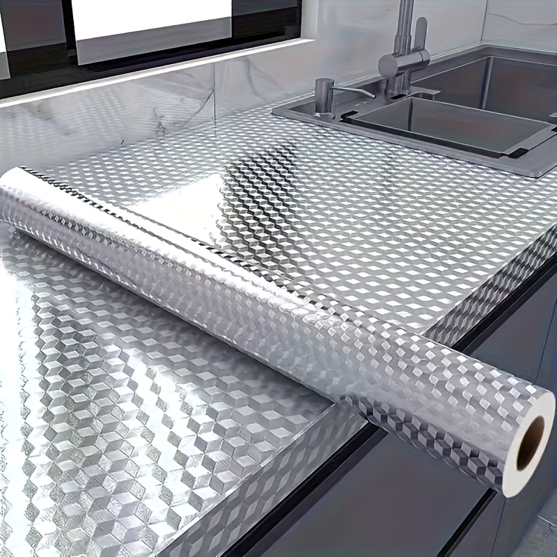 Image of 1 Roll 0.12mm Thick Silvery Pvc Wallpaper Oil And Heat Resistant Self-adhesive Sticker For Bathroom And Kitchen Stovetop Cabinet Decoration