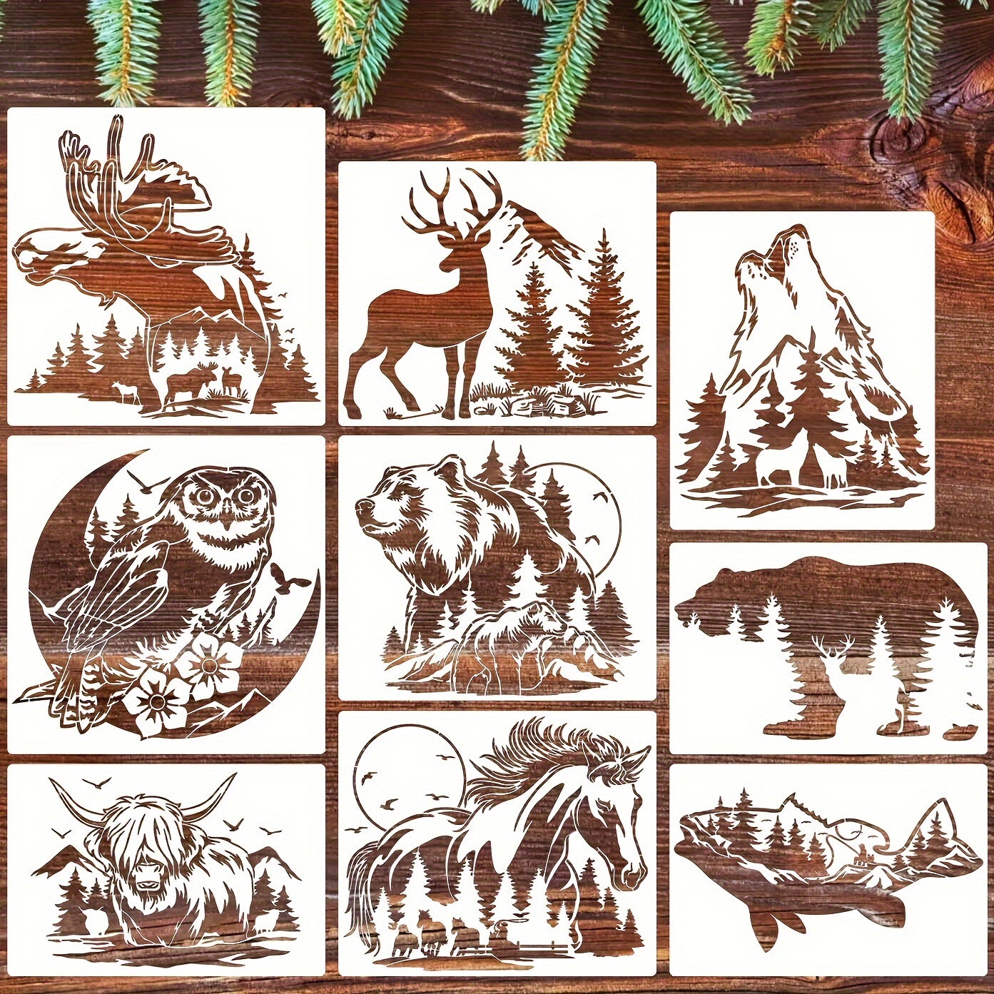 TEMU 9pcs Forest Theme Stencil Set, Animal Silhouette Templates For Diy Crafts, Home Decor On Wood, Canvas, Paper, Fabric, Floor, Books, Frames,