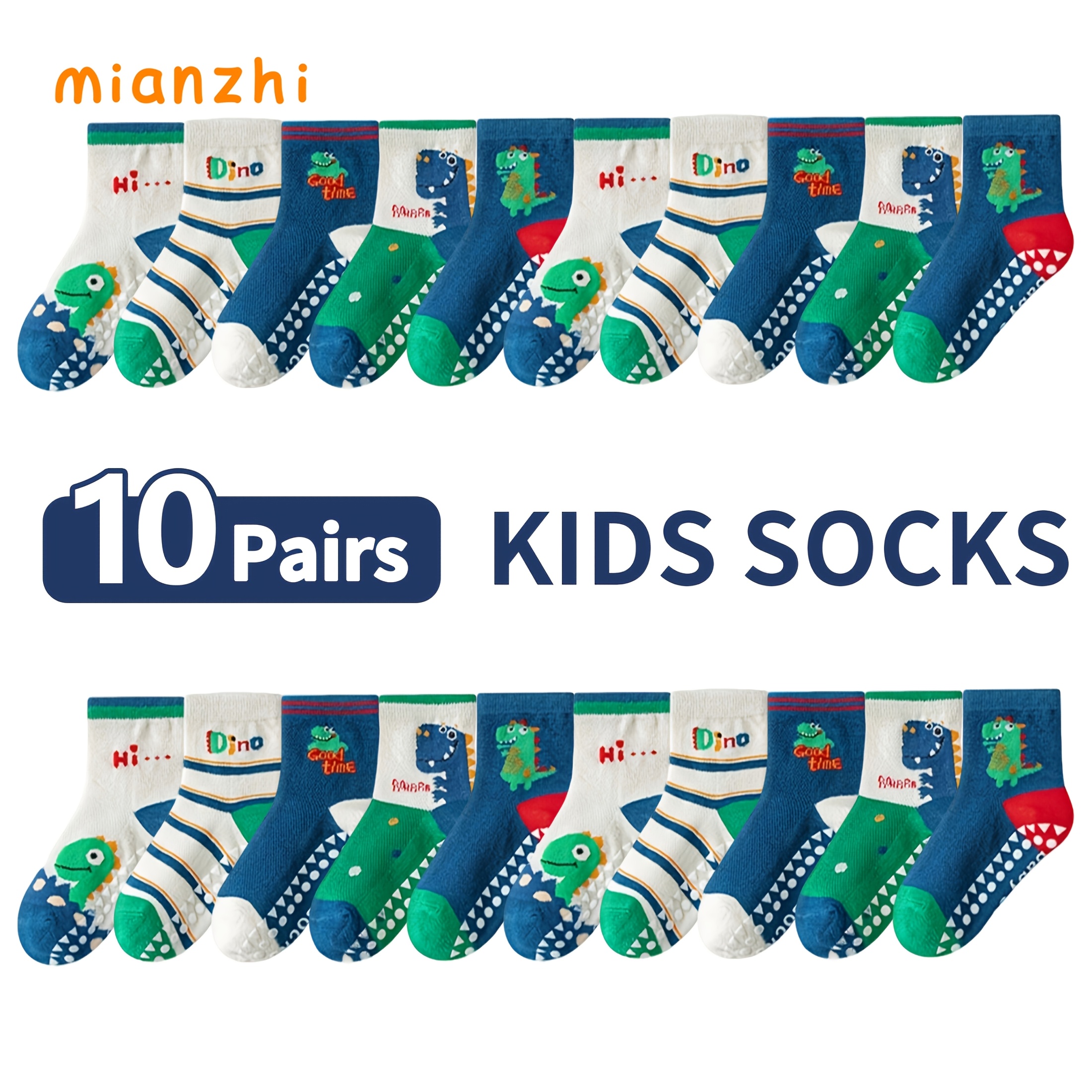 E-shop 10er-Pack MIANZHI Bodensocken, Cartoon-Punkt-Kleber Bodensocken mit Buchstabenstreifen, Tier-Dinosaurier Babysocken für Jungen Mädchen,